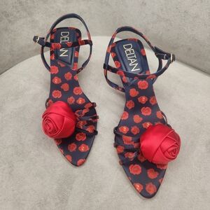 Deltan Heeled Sandals 9 Blue Satin Amayah Rosette Red Roses Floral New $110